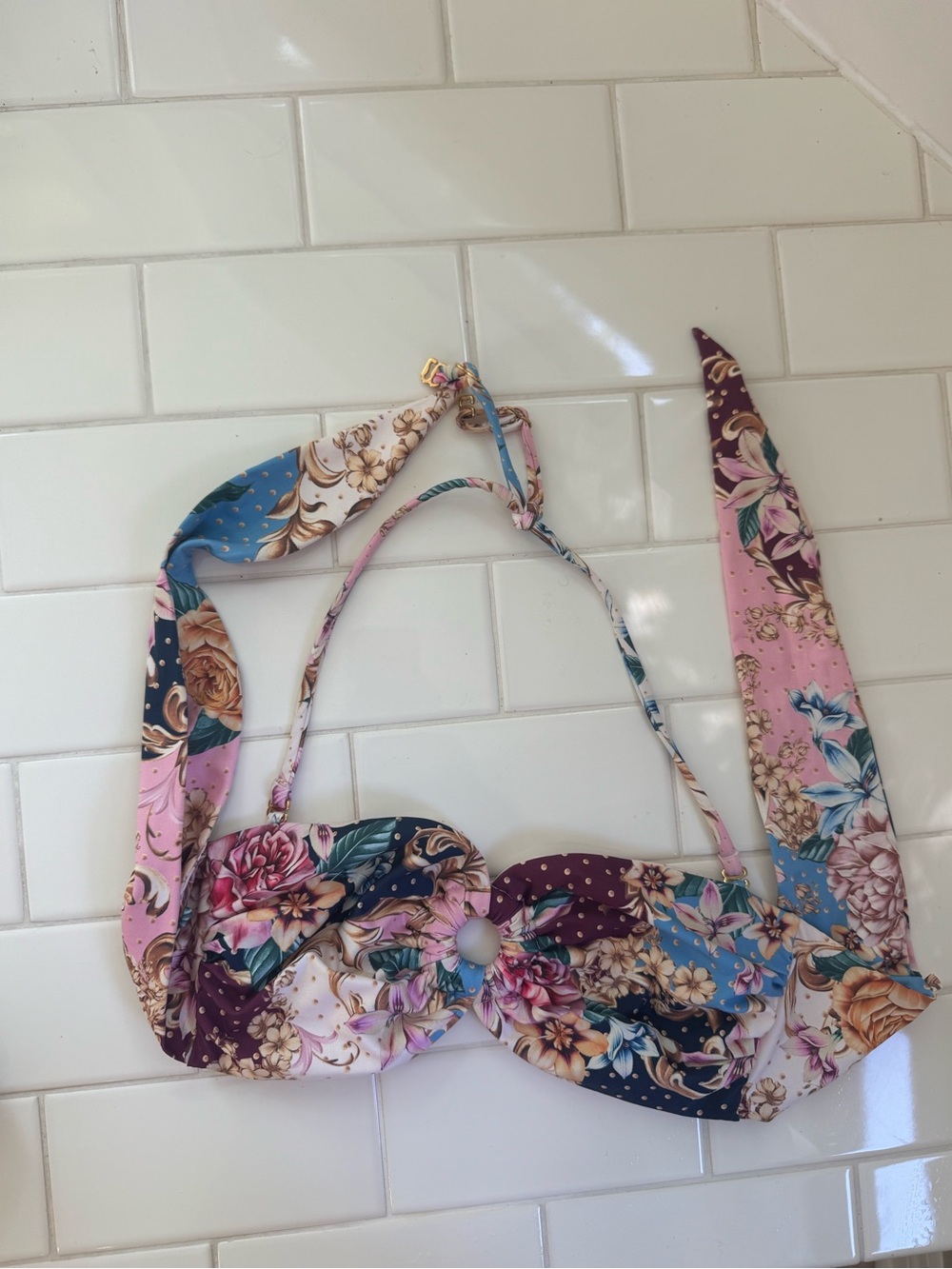 Agua Bendita Pink Blue Purple Floral Bandeau Top
